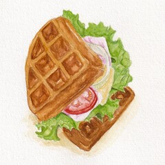 Sandwich waffle with ham cheese sliced tomato sliced onion and lettuce. Watercolor painting. 