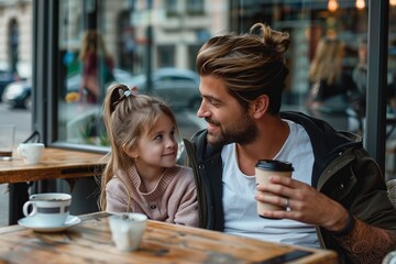 Father and child enjoying coffee together. Perfect for themes of family bonding, love, and quality time.
