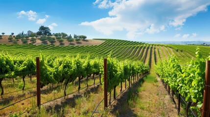 Naklejka premium Serene Vineyard Landscape with Rows of Grapevines and Distant Winery View