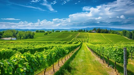 Fototapeta premium Serene Vineyard Landscape with Lush Grapevines and Winery Overlooking the Scene