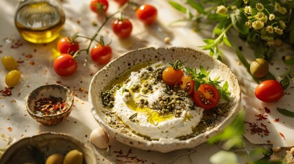 Sprinkling Za'atar with Olive Oil, Labneh, and Cherry Tomatoes