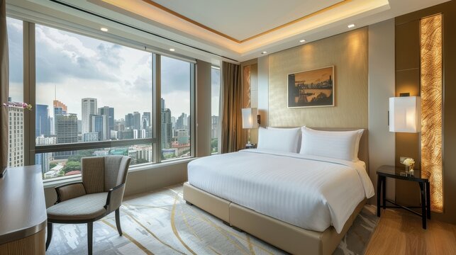 Serene Elegance: Luxury Hotel Room with Stylish Decor, Plush Bed, and Panoramic City View