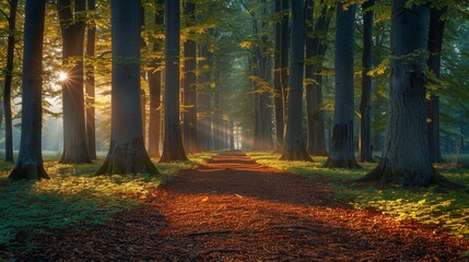 Sunlight filters through the trees in a misty forest, illuminating a path leading into the woods.