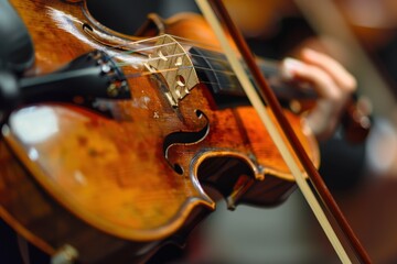 Fototapeta premium Intimate Close-Up of Violin Performance with Emphasis on Bow and Strings