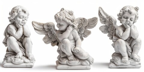Fototapeta premium Cute Angel Marble Statues on White Background - AI-generated Artwork for Wallpaper and Background