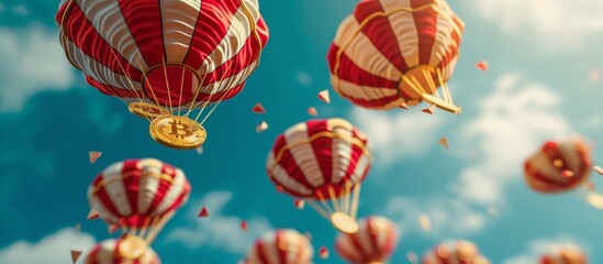 Fototapeta premium Bitcoin Themed Hot Air Balloons in the Sky with Blue and White Clouds