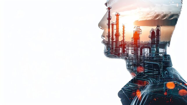 Double exposure of an engineer's head and an oil and gas industrial plant, depicting a double exposure concept for industry technology or energy business on a white background