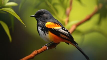 Obraz premium A bird with black and orange feathers is perched on a branch