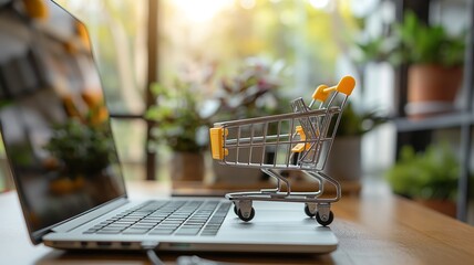 Online Shopping Concept with Miniature Shopping Cart on Laptop