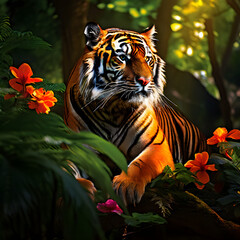 bengal tiger in an indian jungle with flowers looking to other animals