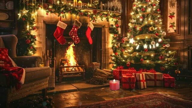 Fireplace with christmas decorations., seamless looping time-lapse virtual video animation background.