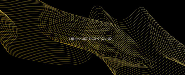 Abstract dark background with fire or gold curves. Light line gold swirl effect. Vector glitter light fire flare with sparkling particles on black background. Vector illustration