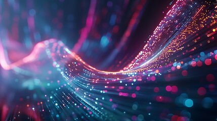 A dynamic digital background with bright optical fiber strands transmitting data on a dark backdrop