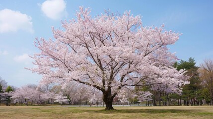 A cherry tree is blossoming completely at the park