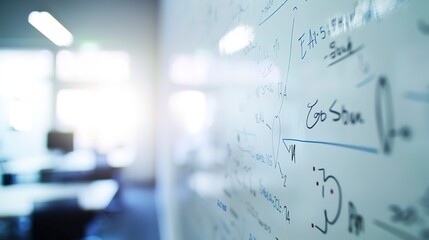 Engineering calculations on whiteboard in factory, close-up, no people, complex formulas, soft backlight 