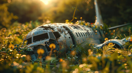 Abandoned Airplane Wreckage Overgrown with Vegetation in Sunlit Forest