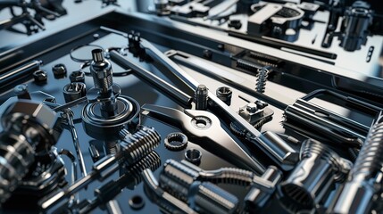 Fototapeta premium Engineering tools spread on factory bench, close-up, no humans, essentials for design, clear lighting 