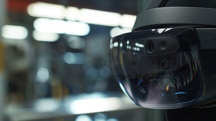 Factory augmented reality headset, close-up, no humans, innovation in training, focused detail, dim light