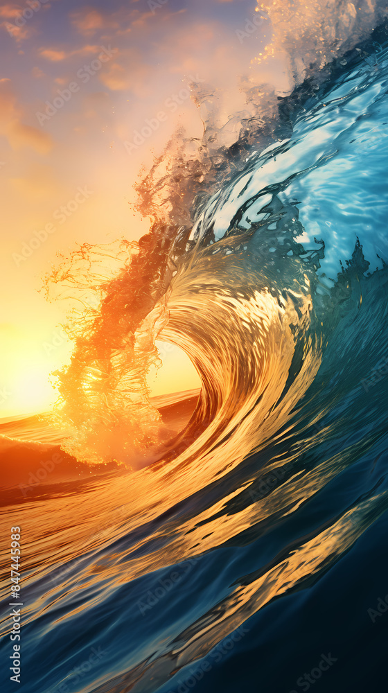Wall mural big waves on the sea at sunset - Wall murals