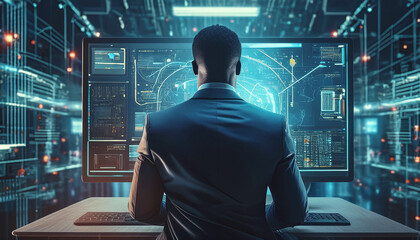 Fototapeta premium Save to Library Download Preview Preview Crop Find Similar FILE #: 812241981 artificial intelligence cyber security threat illustration concept AI banner. Black african american male IT special