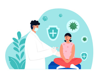 Male doctor giving covid vaccine to little girl. Medicine vector illustration