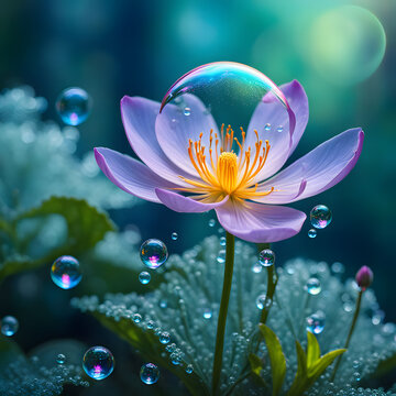 psychedelic flower with lightful bubble bloom standing in forest rainbow