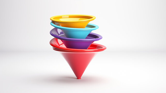 Colorful 3D funnel model flow 4 step, levitating on white gray background.