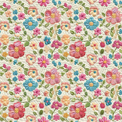 Floral embroidery from knitting wool, yarn, seamless pattern.