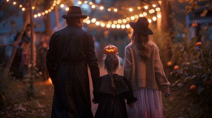  Rear view of a family dressed up in costume for Halloween