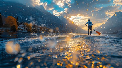 Paddleboarder balances skillfully while navigating calm waters, freezing moment of paddle hitting water to showcase energy and movement