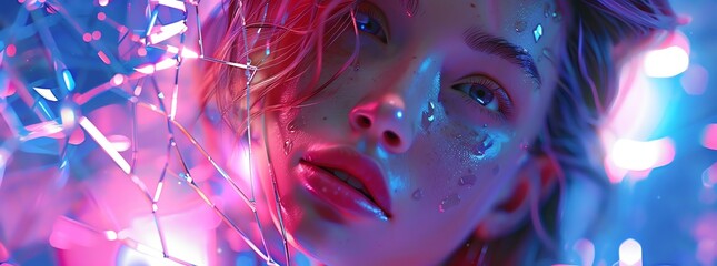 A beautiful woman with neon pink and blue light, futuristic portrait, broken glass effect, colorful background, holographic effect, high detail, hyperrealistic style, bokeh blur
