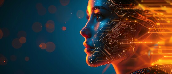 3D rendering of a future technology background with a beautiful woman's face and circuit board elements on a dark blue and orange color gradient background, digital concept design