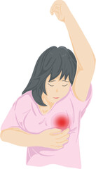 Drawing of a woman holding her breasts Medical illustrations. Breast cancer: nipple pulling, armpit pain, dimpling, lumps or thickenings, skin irritation. Flat vector illustration.