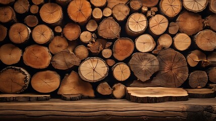 Cut firewood on wooden background. Heating in winter