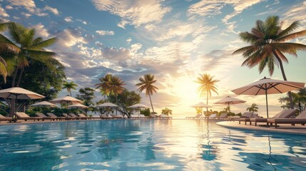 Fototapeta premium Clean and beautiful swimming pool in luxury hotel resort with palm trees and sunset.