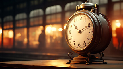 A vintage train station clock, its hands frozen in time against a nostalgic railway setting