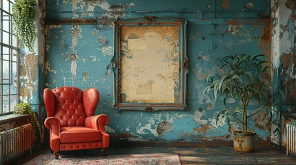 Aged Elegance: Poster Wall Mockup Amidst Vintage Furniture