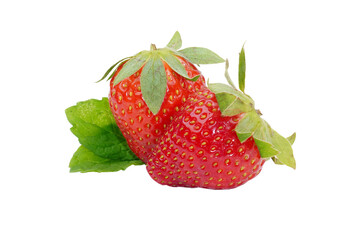 two red organic strawberries isolated transparent