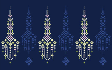 Ethnic geometric navy blue vintage cross stitched traditional fabric ethnic pattern floral paisley background Ikat abstract Aztec