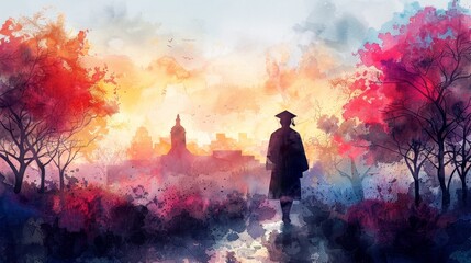 Fototapeta premium Silhouette of a graduate in cap and gown walking through a vibrant autumnal landscape towards a city at sunrise. Watercolor illustration