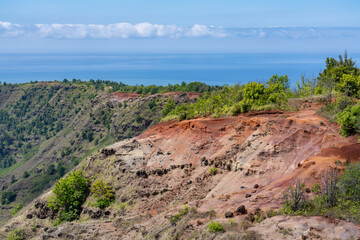 Red soil.  Waimea Canyon Basalt / Napali Member / Lava flows, Kauai, Hawaii
