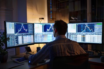 Financial Analyst Reviewing Data on Multiple Monitors