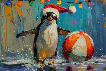 Obraz premium Penguin with a cardboard Santa hat, Pop Art, Bright colors, Sliding on ice with a beach ball and holiday lights, Christmas in July, Fun and lively