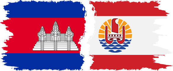 French Polynesia and Cambodia grunge flags connection vector