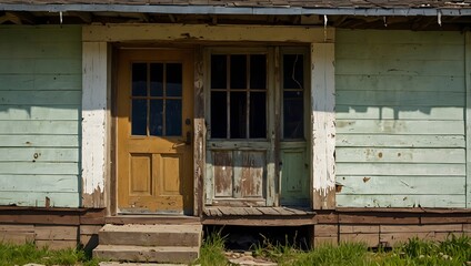 A picture of a weather-beaten house exterior, reflecting the passage of time through its peeling paint and worn wood ai_generated