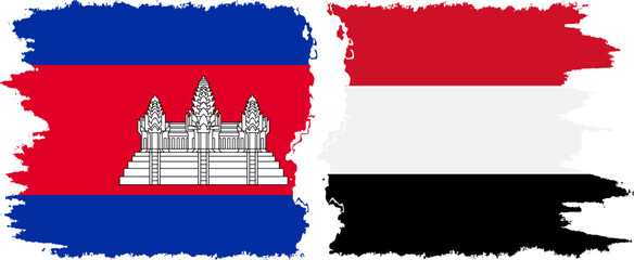 Yemen and Cambodia grunge flags connection vector