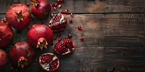 Several ripe pomegranates on wooden table, cut and whole, with copy space, organic fruit, green food, pure natural, farming industry, nutrition, vitamins, healthy life, dinner, Ramadan celebration HD 