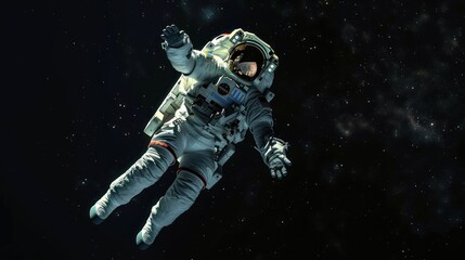 An astronaut floating in space with one arm extended, against a black background with plenty of copy space.