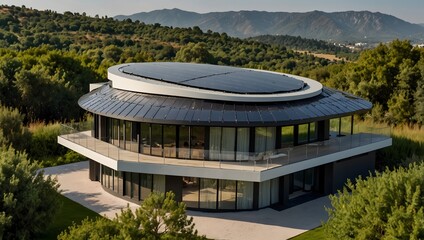 The futuristic design of a solar-powered house exterior, adorned with sleek panels and eco-friendly features ai_generated