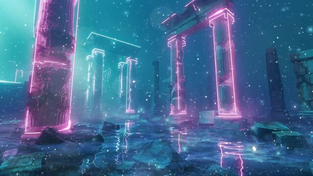 neon outlines of an ancient city submerged underwater seamless looping overlay 4k virtual video animation background